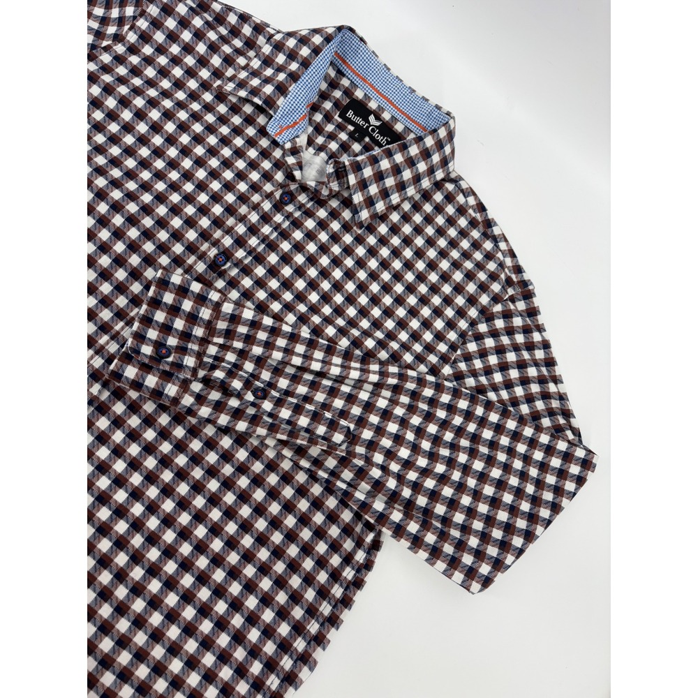Butter Cloth Mens Large Brown Navy Gingham Check 100% Cotton Button Down Shirt